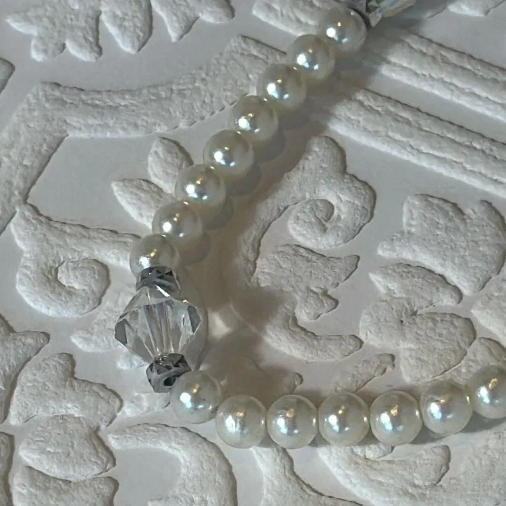 Vintage Art Deco Glass Pearl Choker‎ Necklace With Faceted Clear Crystals 15”